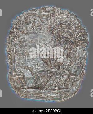 Holy water bowl of driven silver with representation of John the Baptist, Holy water bowl of silver. Rectangular driven relief with rounded corners. In a landscape with mountains and trees sits Johannes the Evangelist on the right., Jan Baptista Buysens, Antwerp, 1725, silver (metal), h 46.5 cm × w 40.2 cm, Reimagined by Gibon, design of warm cheerful glowing of brightness and light rays radiance. Classic art reinvented with a modern twist. Photography inspired by futurism, embracing dynamic energy of modern technology, movement, speed and revolutionize culture. Stock Photo