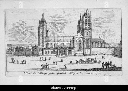 VIEW OF THE ABBEY SAINT-GERMAIN-DES-PRES IN PARIS Israël Silvestre et Israël Henriet. 'Vue de l'abbaye Saint-Germain-des-Prés à Paris'. Eau-forte, 1650-1660. Paris, musée Carnavalet. Stock Photo