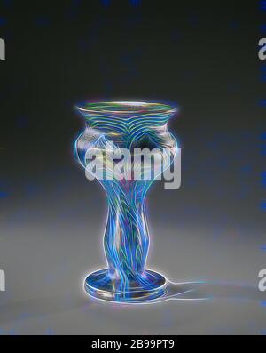 Vase with silver colored threads and a silver colored iridescence on a light green background. Flat, concave ground in the middle, flat foot, in the middle swelling stem that ends in a calyx with bent edge. Light green glass with silver colored, rolled and combed threads and a silver colored iridescent. Marked on the underside in wheel engraving, Loetz Austria., Witwe Johan Lötz, Klostermühle, c. 1901 - c. 1903, glass, iridescence, h 13.4 cm × d 7.6 cm, Reimagined by Gibon, design of warm cheerful glowing of brightness and light rays radiance. Classic art reinvented with a modern twist. Photog Stock Photo