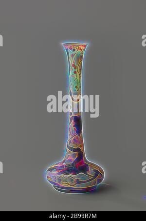Vase with branches of elderberry with black currant, Flat bottom, low foot, pressed spherical body, merging into a high neck, ending at the top. On a brown and ivory-colored, matte etched Überfang, in relief, in red and black fused glass powder, a decor of elder branches with black berries, The veins of the leaves with the needle etched. The Muller Croismare signature is on the bottom., Muller Frères, Croismare, c. 1900, glass, etching, h 35 cm × d 12.4 cm, Reimagined by Gibon, design of warm cheerful glowing of brightness and light rays radiance. Classic art reinvented with a modern twist. Ph Stock Photo