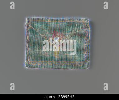 Small bag in an envelope model, entirely woven from fine green-gray beads, with a mother-of-pearl button as closure, folded in half with a seam along the two sides. The bag is completely woven from fine green-gray beads, with a golden-yellow basket with pink flowers as a motif on the front and back, within a frame of golden-yellow beads. In the unlined flap a narrow notch, through which the mother-of-pearl button can be put through to close the bag. Ecru colored moire linen lining. Inside the bag is a folded powder cushion of watered satin and velvet, with powder on top (see B)., anonymous, Fr Stock Photo