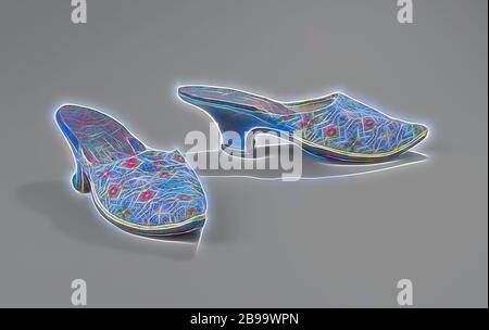 Mules with embroidered front sheet of silk on canvas, with pattern of blue star flowers on yellow ground with green network with red diamonds and white dots, Mules with front sheet of embroidery of silk on canvas, with pattern of blue star flowers on yellow ground with green network with red diamonds and white dots. Model: Wide forefoot, pointed tip. The heel is halfway the geleng and is covered with blue roughened leather. Along the edge of the heel are white stitching. The front of the heel runs straight down in a rounded corner from the beginning of the geleng. The back of the heel runs str Stock Photo
