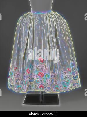 White taffeta skirt embroidered with multi colored flower and leaf vines lined with blue taffeta lined with blue taffeta. Model Four lane straight skirt with flat pleats and a light blue drill ribbon ...