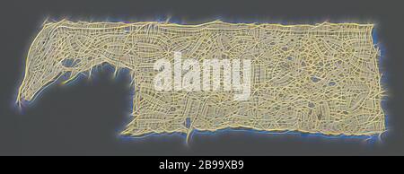 Strip of bobbin lace with flung ribbon motif, Strip of natural-colored bobbin lace. The pattern consists of winding and circle-forming lines, with which various symmetrical compositions have been made. Only the middle composition is undamaged. The motifs are connected by braids. The motifs are made in linen with openwork edges and cut-outs. On the latitudinal axes of the compositions there are stars in a straight line, made of braids (middle composition) and leaf-shaped shaping (the two compositions next to it). Along the underside of the strip runs a scalloped edge of concatenated fan motifs. Stock Photo