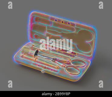 Sewing kit consisting of a pair of scissors, a needle case, a thimble, an awl, a row needle in a box. The pair of scissors has faceted handles, round stems and steel legs. The needle case has a loose cap. It is round, just like the awl and the rowing needle. The scissors, the rowing needle and the awl are decorated with pearl edges and faceted edges. The sewing kit is contained in a rounded rectangular box made of ivory, in which cavities for these objects are saved., Cornelis Balthus Hermanus Canté, Amsterdam, c. 1852 - c. 1870 and/or c. 1880 - c. 1884, gold (metal), ivory, steel (alloy), h 1 Stock Photo