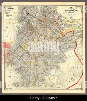 A Highly detailed map produced in 1906 showing many landmarks and streets of Brooklyn. NYC. Map shows tunnels, railroads, trolley lines, ferry routes, and lighthouses. These many details make it a valuable historical reference. Stock Photo