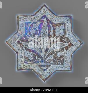 Star-shaped tile with an inscription and floral scrolls, star-shaped tile made of earthenware, painted in luster with a text in Persian or Arabic script and floral scrolls., anonymous, Kashan, c. 1262 - c. 1265, earthenware, glaze, luster (textile), vitrification, d 21 cm × t 1.5 cm, Reimagined by Gibon, design of warm cheerful glowing of brightness and light rays radiance. Classic art reinvented with a modern twist. Photography inspired by futurism, embracing dynamic energy of modern technology, movement, speed and revolutionize culture. Stock Photo