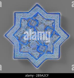 Star-shaped tile with an inscription and floral scrolls, star-shaped tile of quartz fritware, painted in underglaze blue, green-blue and luster with a text in Persian or Arabic script, including four palmettes and saved floral scrolls., anonymous, Kashan, c. 1266 - c. 1267, glaze, cobalt (mineral), luster (textile), vitrification, d 19.7 cm × t 1.5 cm, Reimagined by Gibon, design of warm cheerful glowing of brightness and light rays radiance. Classic art reinvented with a modern twist. Photography inspired by futurism, embracing dynamic energy of modern technology, movement, speed and revoluti Stock Photo