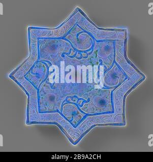 Star-shaped tile with an inscription and floral scrolls, star-shaped tile of quartz fritware, painted in underglaze blue, green-blue and gold luster with a text in Persian or Arabic script on the border and in the middle flower vines., anonymous, Kashan, c. 1266 - c. 1267, earthenware, glaze, cobalt (mineral), luster (textile), vitrification, d 21.5 cm × t 1.5 cm, Reimagined by Gibon, design of warm cheerful glowing of brightness and light rays radiance. Classic art reinvented with a modern twist. Photography inspired by futurism, embracing dynamic energy of modern technology, movement, speed Stock Photo