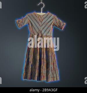 Cotton batist frock, printed with a brown background in which a vertically  striped pattern is saved.