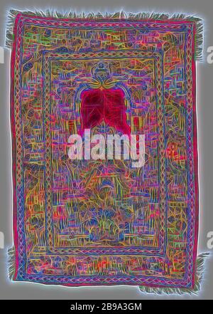 Prayer rug (?), Multicolored appliqué and embroidered, with a pattern of a hilly landscape in the midfield with buildings with domes and trees., Bid rug (?) made of natural-colored cotton (?) with appliqué and embroidery in various colors, trimmed around with golden yellow frills - with gaps - and lined with blue cotton. The central representation is set in a broad border with a narrow border on either side with a pattern of linked ellipses. The representation in midfield includes a hilly landscape furnished with buildings with domes and trees. Along both slopes of the hill and the center buil Stock Photo