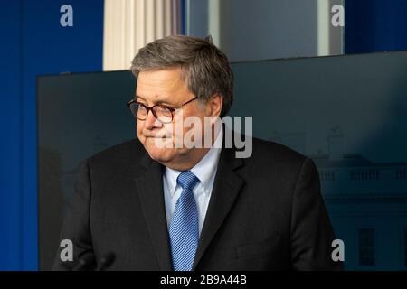 Washington DC, USA. 23rd Mar, 2020. United States Attorney General William P. Barr participates in a news briefing by members of the Coronavirus Task Force at the White House in Washington, DC on Monday, March 23, 2020. Credit: Chris Kleponis/Pool via CNP /MediaPunch Credit: MediaPunch Inc/Alamy Live News Stock Photo