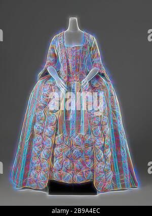Silk frock or robe à la française with vertical yellow and white stripes and multi-colored bouquets with oval pouffes and lined with a multicolored ikat, frock or robe à la française made of silk with vertical yellow and white stripes and scatter motif multicolored bouquets, with oval pouffes and lined with a multicolored ikat. Model: Square neckline, half-length close-fitting sleeves with engaging and loose-fitting open skirt. The body closes in the front center with nine buttons. To this end, an additional strip of cover has been applied to the inner body of the striped cover, which is cover Stock Photo