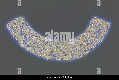 Collar of needle lace with flowers and c-volutes, Collar of natural colored needle lace: Venetian embossed lace. Curved strip-shaped model. The pattern consists in the middle of a more or less symmetrical composition with a flower that is flanked by c-volutes. The remaining pattern, with mainly flowers, some leaves and stems, is not symmetrical. The motifs are made with festoon stitches and feature relief contours and thick cordons decorated with picots. The upper side is finished with a clasped band. The collar is finished with a curved edge along the short sides and bottom. It is possible a Stock Photo