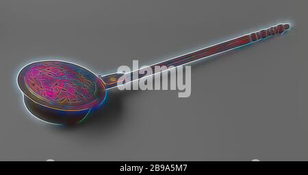 Bedpan with flower vase and birds, The object consists of six parts: the wrought iron ring, the container, the lid, the hinge and the wooden handle. Container, lid and hinge are made of copper plate. The convex lid, the center point of which has remained visible and which has been lowered around a red copper reinforcement with a vertical edge, has a stylized and cut-out decor of a vase with a flower surrounded by birds. The vase shows a homely scene, including a table and chair, a painting and a cupboard. The wooden handle is profiled at the bottom, ribbed at the top. The stem was probably mad Stock Photo