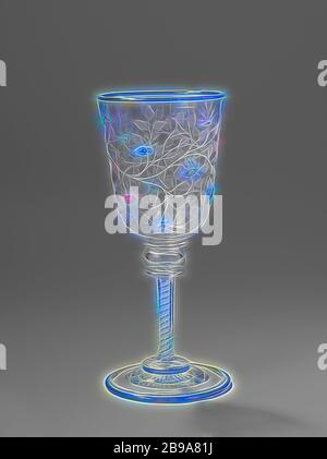 Wine glass Goblet with flower and leaf vines, Vaulted base with a ground star at the bottom. Faceted cut with a double white-blue spiral. Above that a hollow knot between two discs. Funnel shaped calyx, rounded on the underside, adorned with melted millefiori (flowers) in different colors of glass and with the wheel engraved vines, flowers, ornament, Baccarat, Paris, 1846 - c. 1860, glass, millefiori glass, grinding, h 20.3 cm × d 8.9 cm, Reimagined by Gibon, design of warm cheerful glowing of brightness and light rays radiance. Classic art reinvented with a modern twist. Photography inspired Stock Photo