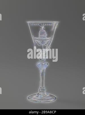 Goblet with an opened bird cage and the inscription: AUREA LIBERTAS, Arched foot. Baluster stem with three knots and a band with air bubbles. The conical cup has a rounded base. On the cup on a piece of grass that grows on a rococo ornament sits a bird on top of a bird cage with an open door. Above the show the inscription: AUREA LIBERTAS. Signed on the foot: Jacob Sang, inv: et Fec: Amsterdam 1760, empty bird cage, anonymous, 1760, glass, glassblowing, h 19.2 cm × d 7.7 cm, Reimagined by Gibon, design of warm cheerful glowing of brightness and light rays radiance. Classic art reinvented with Stock Photo
