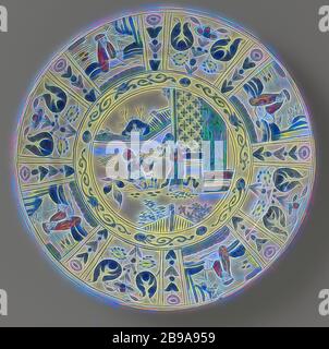 Saucer with Chinese in garden, Round dish of multi-colored faience, with a Chinese man and a woman in a garden on the shelf. The border is divided into eight broad sections. A seated man is depicted in four compartments, flowers in the other four. Between each wide section is a narrow section with a floral pattern. The decorations are in the colors blue, green, yellow and brown. The number 3 is on the back., anonymous, Delft, c. 1780 - c. 1830, earthenware, tin glaze, d 36.7 cm × h 5.6 cm, Reimagined by Gibon, design of warm cheerful glowing of brightness and light rays radiance. Classic art r Stock Photo