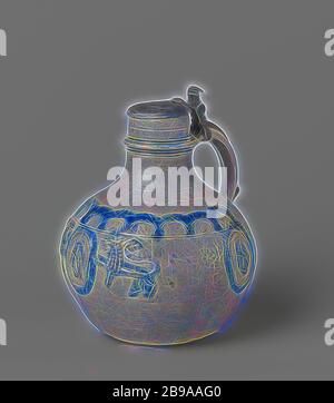 Jug with a portrait and lions, Stoneware jug on a stand ring with a spherical belly and narrow neck. The C-shaped ear is attached to the neck and shoulder. Profiles on the neck. Partially covered with cobalt blue. On the shoulder an incised line with above it a band with stamped semicircles against a blue background. The belly with three printed and imposed medallions in relief, the middle one flanked by crowned lions. In the medallions a portrait with the inscription 'ICH.BRINS.DER.HERS.LEBSTENVM.I.ERVNT [...]. 1632'. A frame with lid is attached to the ear. A striking mark on the inside of t Stock Photo