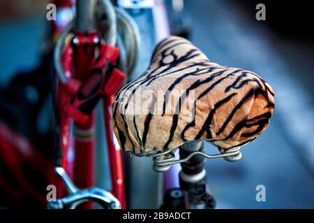 Bicycle seat cover with faux tiger pattern and fur, Mission Street, Mission District, San Francisco, California, United States, North America, color Stock Photo