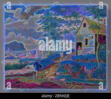 Plaque Plate with landscape, oblong plaque or tile of multi-colored faience. On the tile is painted a landscape with a house in the foreground with a woman in the door and three men in front of the house. A city is painted in front of a mountain in the background. The tile is signed: G. Verhaast, landscapes in the temperate zone, divided by, upper part opened, (traveler) resting in the open air, Gijsbrecht Verhaast, Delft, c. 1680 - c. 1700, earthenware, tin glaze, l 22 cm × w 26.5 cm, Reimagined by Gibon, design of warm cheerful glowing of brightness and light rays radiance. Classic art reinv Stock Photo