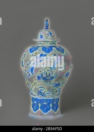 Lidded jar Vase with Cover painted with Asian Figures, Cover pot of faience, painted in blue and purple with Chinese figures in a landscape, a decoration after Chinese porcelain from the transition period, Chinese (other cultural aspects ), anonymous, Delft, c. 1670 - c. 1685, h 83.5 cm × d 45 cm, Reimagined by Gibon, design of warm cheerful glowing of brightness and light rays radiance. Classic art reinvented with a modern twist. Photography inspired by futurism, embracing dynamic energy of modern technology, movement, speed and revolutionize culture. Stock Photo