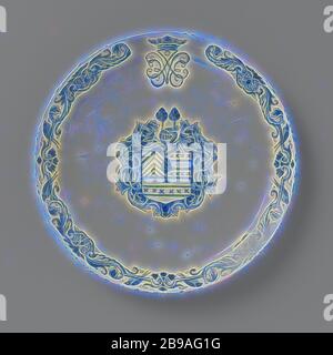 Plate painted with an unknown weapon, possibly Van Egmond, Plate of earthenware painted in blue on tin glaze with an unknown weapon in the shelf, possibly from a member of an unknown family Van Egmond. A crowned mirror monogram J.V.E. The border decorated with sheet metal., anonymous, Delft, 1718, d 21.7 cm, Reimagined by Gibon, design of warm cheerful glowing of brightness and light rays radiance. Classic art reinvented with a modern twist. Photography inspired by futurism, embracing dynamic energy of modern technology, movement, speed and revolutionize culture. Stock Photo