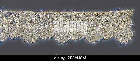 Strip of spool lace with scalloped edge of alternately a rosette flower and a five-lobed leaf, Strip of natural spool lace, Cluny lace. The repeating pattern consists of a rosette flower and a slanting five-lobed leaf along the underside of the strip. The consecutive flowers and leaves are placed against each other and together form a scallop edge. Above the center line a kind of zigzag line has been created with obliquely placed elongated motifs, each crowned by three oval motifs. The motifs are made in loosely worked linen with double contour threads. They are connected to each other by a di Stock Photo