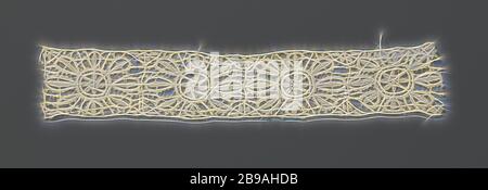 Strip of needle lace with double rosette flower, Strip of natural colored needle lace, reticella. A repeating pattern of one rosette flower with eight petals, with a rosette flower in the center with the same number of petals. The pattern, so every rosette flower, covers the entire width of the strip. Top and bottom are finished with a straight edge., anonymous, Italy, c. 1500 - c. 1599, linen (material), l 22.5 cm × w 3.5 cm ×, 6 cm, Reimagined by Gibon, design of warm cheerful glowing of brightness and light rays radiance. Classic art reinvented with a modern twist. Photography inspired by f Stock Photo