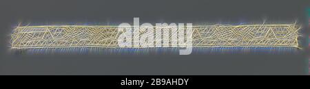 Strip of bobbin lace with triangle and two oblique ovals, Strip of natural-colored bobbin lace, Binche lace. The pattern consists of two symmetrical compositions. One composition consists of a triangular motif with a ringed snowflake in the center. The other composition consists of two ovals which are turned away from each other and are placed at an angle, which are connected to each other at the bottom by a slightly curved band. The triangular motif is connected at the bottom to the obliquely placed ovals by a slightly wider band of three concatenated round shapes. The straps and the contours Stock Photo