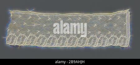 Strip of bobbin lace with concatenated slanting rectangles, Strip of natural-colored bobbin lace: Mechelen side. Under a scattering pattern of hanging round flowers with one leaf lies a decorative band along the underside of the strip, which is constructed with concatenated and slightly oblique rectangles. The edges of the rounded rectangles are thin branches with whimsical leaves. The lower edge forms a curl inwards, from which a sprig of round leaves springs and fills the center of the rectangle. Between the successive rectangles, a narrow, open-worked edge is filled with little oval-shaped Stock Photo