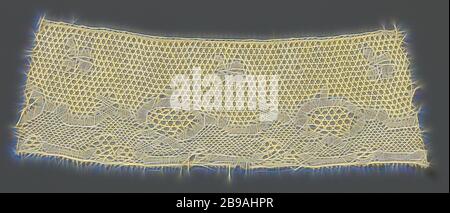 Strip of bobbin lace with concatenated c-shaped motifs and bows, Strip of natural-colored bobbin lace. Above the center line of the strip is a row of butterflies or leaves. The pattern underneath consists of a succession of horizontal c-shaped motifs, which alternately face upwards and downwards. A sort of bow hangs under the c-shaped motifs with the opening downwards, creating an oval space. The motifs are connected by two different mesh grounds: above the c's with a Paris ground and below that by a round Valenciennes ground. The motifs are made in linen and net strokes, partly with thicker a Stock Photo