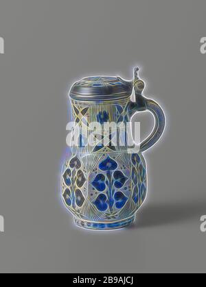 Jug with stylized plants and roundels, Stoneware jug on a stand ring with a pear-shaped, heptagonal body and wide neck. The C-shaped ear is attached to the neck and shoulder. Partially covered with cobalt blue. Seven compartments on the belly with a stylized flower interspersed with a zigizag line (knibis) in fan shape. On the neck two bands with square compartments, alternately filled with a geometric motif and a stamped rosette on knibis. The lid is set in a pewter frame and has the same type of decoration as the neck. A rosette on top. Westerwald., anonymous, Westerwald (possibly), c. 1750 Stock Photo