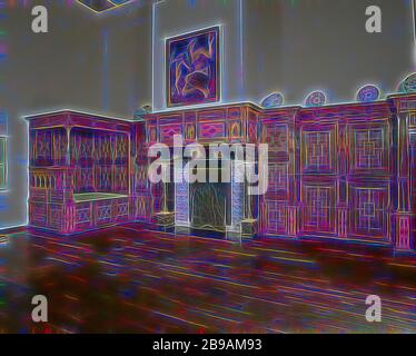 Chimney made of artificial marble, part of paneling 1626. The chimney has a white-veined, black artificial marble chair with free-standing Tuscan columns on pedestals, placed in front of flat pilasters and bearing consoles. Base and capital are made of brown veined white marble. The mantelpiece rests on the consoles. The frieze carries an arch theorem in the center and on the corners, in which the figures of Faith, Hope and Love are painted. The middle cartouche above the arch position bears the year 1626., old man, (human) skull, specific aspects, St. Jerome - male saint as patron, protector, Stock Photo