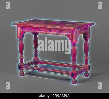 Table with vase-shaped legs, connected by bottom rails, Table of walnut on legs with vase-shaped sections and houses and connected by bottom rails. The top line has a hollowed tooth strip, which runs with round support pieces. The rules are well-founded and, like the houses and swellings of the legs, decorated with ecclesiastical frames and bands. The magazine has a bead list., anonymous, Netherlands, 1640 - 1660, wood (plant material), walnut (hardwood), ebony (wood), h 78.0 cm × w 104.0 cm × d 56.5 cm × w 21.4 kg, Reimagined by Gibon, design of warm cheerful glowing of brightness and light r Stock Photo