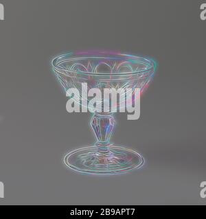 Scale on foot, with bows and stars, Flat, facet-cut foot. Faceted, baluster-shaped trunk with four discs. Wide, oval chalice with facet-cut bottom. On the chalice a continuous pattern of arches under a clear, polished band with stars. This type of glass mainly served for serving sweets., anonymous, Bohemen, c. 1725 - c. 1750, glass, grinding, h 11 cm × d 10.8 cm, Reimagined by Gibon, design of warm cheerful glowing of brightness and light rays radiance. Classic art reinvented with a modern twist. Photography inspired by futurism, embracing dynamic energy of modern technology, movement, speed a Stock Photo