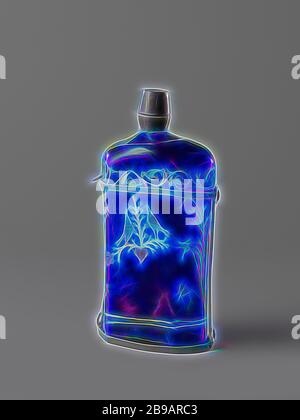 Hexagonal bottle of blue glass with a pair of turtle doves and the inscription 'Lieb du mich allein oder lasz gar sein', Flat bottom. Hexagonal, body-blown body, with a pair of turtledoves in red, white, yellow green and blue on a stylized branch above a heart on the front the inscription 'Lieb du mich allein oder lasz gar sein' and the year 1730 on the back. A stylized flower branch on the narrow sides. The underside of the performance is trimmed with a double piping, the top with a single piping and a border of stylized tendrils. The neck in a pewter frame. Smooth tin screw cap., anonymous, Stock Photo