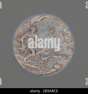Diana, resting at a source, Round, silver plaque. The goddess sits on the left side of a rocky elevation, under trees. In her left hand she holds the straps of both her hunting dogs. A long-haired dog is behind her. At her feet the quiver with bow and arrow. Two drainage channels from the source on the right. Hilly landscape with trees., Paulus Willemsz. van Vianen (school of), Utrecht (possibly), 1659, silver (metal), d 10.2 cm × w 52 gr, Reimagined by Gibon, design of warm cheerful glowing of brightness and light rays radiance. Classic art reinvented with a modern twist. Photography inspired Stock Photo