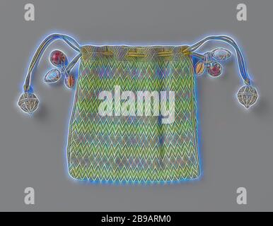 Pouch, embroidered with zigzag pattern (point d'Hongrie) in green, white and red-brown silk with drawstring provided with silver pommanders, shells encased in silver and 'bezoar', embroidered with zigzag pattern (point d ' Hongrie) in green, white and red-brown silk with a drawstring provided with silver pommanders, shells encased in silver and 'bezoar' ('stone' from the stomach and the intestinal tract of ruminants). Model: flat and square. On the seams a braided silk cord. Decoration: ajour carved silver incense balls or pommanders, shells encased in a silver rim with ring, just like bezoar. Stock Photo