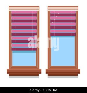 Curtains on wooden windows isolated icons, blinds or shutters Stock Vector