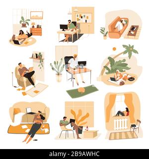 Freelance isolated icons, freelancers with laptops and computers at home or on vacation Stock Vector