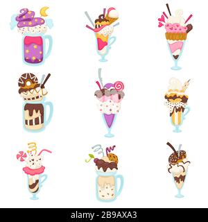 Summer dessert, ice cream in glasses isolated icons, donut and cookies Stock Vector