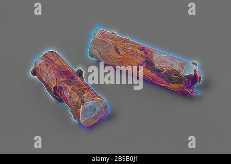 Rubber-filled form of (presumably) a bolt, of which only the corroded outer layer has been preserved as a concretion, from the wreck of the East Indies vessel 't Vliegend Hart. iron bolt formed. The resulting cavity is filled with rubber. The casting in elongated and has a round cross section, Dutch East India Company, 't Vliegend Hart (ship), 1700 - 1735, rubber (material), concretionary stone, h 17 cm × d 2.5 cm, Reimagined by Gibon, design of warm cheerful glowing of brightness and light rays radiance. Classic art reinvented with a modern twist. Photography inspired by futurism, embracing d Stock Photo