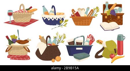 Wicker baskets with food and drinks, picnic blanket, outdoor dining Stock Vector