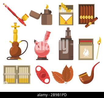 Smoking devices and tobacco products isolated icons, pipe and hookah Stock Vector