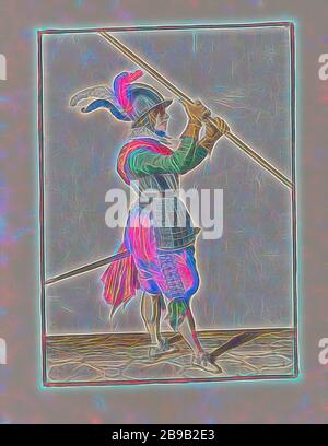 Soldier carrying his skewer with both hands close together above his right shoulder, the point pointed obliquely to the ground Soldaet int acting of the Spies noodich is (original series title), A soldier, full-length, to the right, who wears a spear (lance) above his right shoulder, the point slanting to the ground. His hands close together around the skewer. This is the first operation for lifting the skewer to the shoulder and carrying it horizontally. This print is part of the series of 32 hand-numbered prints of skewers in the Arms Act, handling of weapons, military training, helved weapo Stock Photo