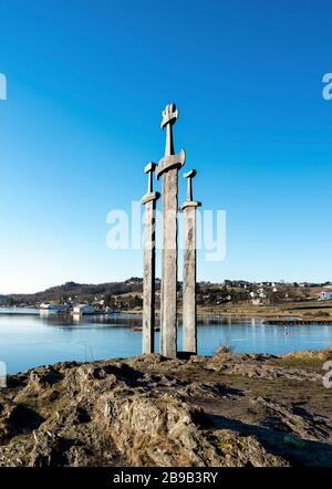 Sword in Rock or “Sverd i fjell” monument, one of the main tourist attractions in Stavanger, Norway, February 2018. Monument is unveiled by Norwegian Stock Photo