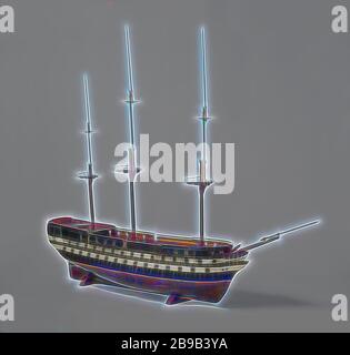 Model of a 74 to 80-Gun Ship of the Line, Polychromed truss model of the hull, painted black and white and with copper paint under the waterline, with loose spars. Eighty-two gun ports spread over three decks, five levels: cow bridge, lower deck, intermediate deck, box deck and half deck with covered pit with walkways and grilles, top campanel with roef. The galleon has no figurehead. Twisted mirror, flat two-gate wulf, two-story fence with carving of trophies and an oval weapon with anchor, two-storey side galleries with carvings of pilasters and diamond motifs. Rudder with round rudder king Stock Photo