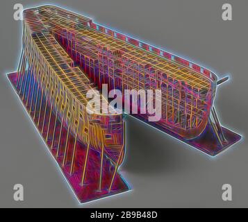 Model of a 74-Gun Ship of the Line, Construction model, vertically cut lengthwise, the halves leaning on braces on a floorboard. Truss model without skin or bombardment, intended to show the differences in the construction of the cross bracing according to Sir Robert Seppings (port half) and Cornelis Soetermeer (starboard half). With Soetermeer's system, the pulling parts of Sepping's cross-dressing have been omitted from the hold and replaced with metal strips on the outside under the skin. On the port side the foreship only has vertical shims, on the starboard side horizontal bands are fitte Stock Photo