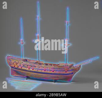 Model of a 74-Gun Ship of the Line, Detailed detailed construction model of the hull in two stacked halves, with loose round timber. Seventy-four gun ports spread over three decks, five decks in total, with full bombardment and many equipment, some parts numbered. On the elaborate galleon a crowned lion as figurehead, four conveniences, a sea horse and fish between the slobles. Twisted mirror and hollow wulf with two gates, fence and side gallery of two floors, entirely decorated with carvings of allegorical figures, praises and weapon trophies. Straight rudder equipped with suckers, with squa Stock Photo